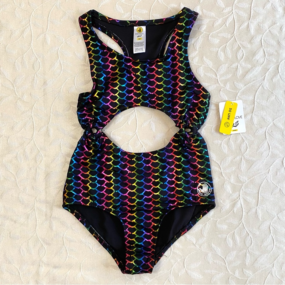 Body Glove Swimsuit Girls size 10 Rainbow Scale Cutout One-Piece Black Multi NWT - Picture 1 of 10